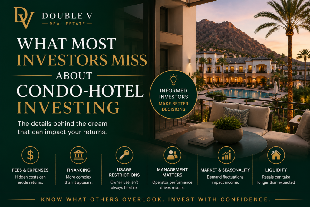 Luxury condo-hotel investment featured image by Double V Real Estate highlighting hidden factors investors often overlook including fees, financing, management quality, seasonality, liquidity, and usage restrictions.