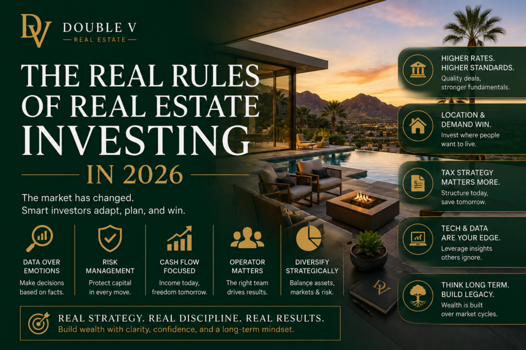 Luxury real estate investment infographic by Double V Real Estate highlighting modern real estate investing strategies, market trends, tax planning, risk management, and long-term wealth building in 2026.