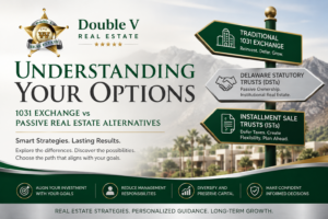 Featured infographic banner by Double V Real Estate comparing traditional 1031 exchanges, Delaware Statutory Trusts (DSTs), and Installment Sale Trusts (ISTs) for passive real estate and tax deferral strategies.