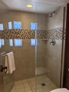Walk-in tiled shower in Unit 119 at the JW Marriott Camelback Inn Resort in Scottsdale, Arizona.